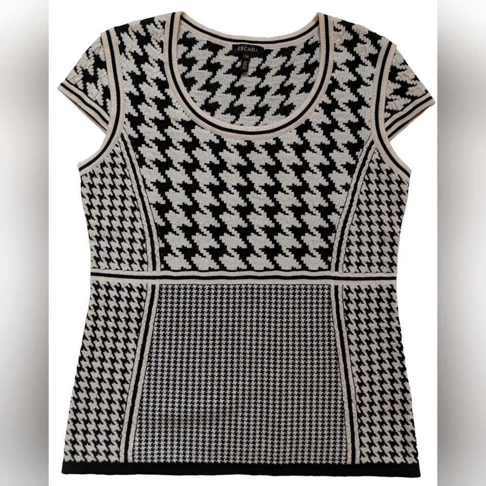 Escada Hounds Tooth Knit Cap Sleeve Wool Top, Black & White, M, EUC